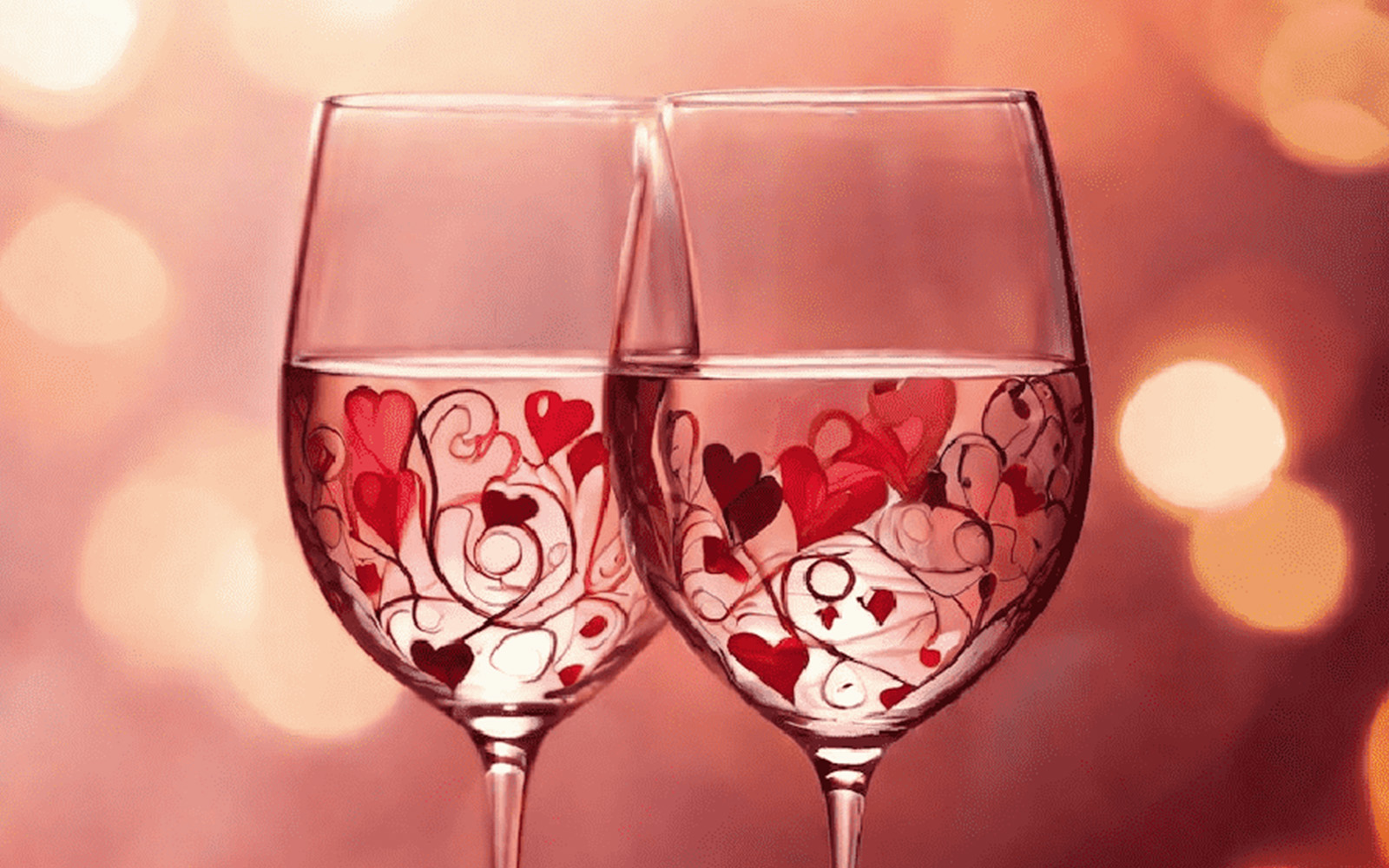 Hand-painted Valentine's wine glasses against a bokeh background.